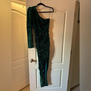 Teal sequined evening gown